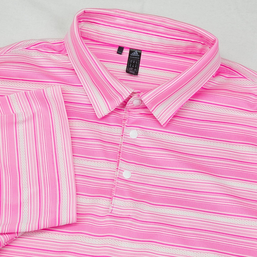 Adidas Polo Shirt Mens XL Pink White Striped Primegreen Golf‎ Short Sleeve